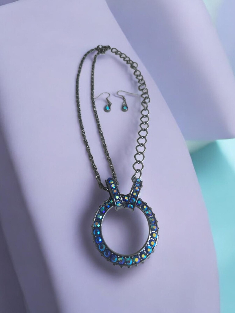 Blue Crystal Halo Circle Pendant Necklace with Matching Earrings